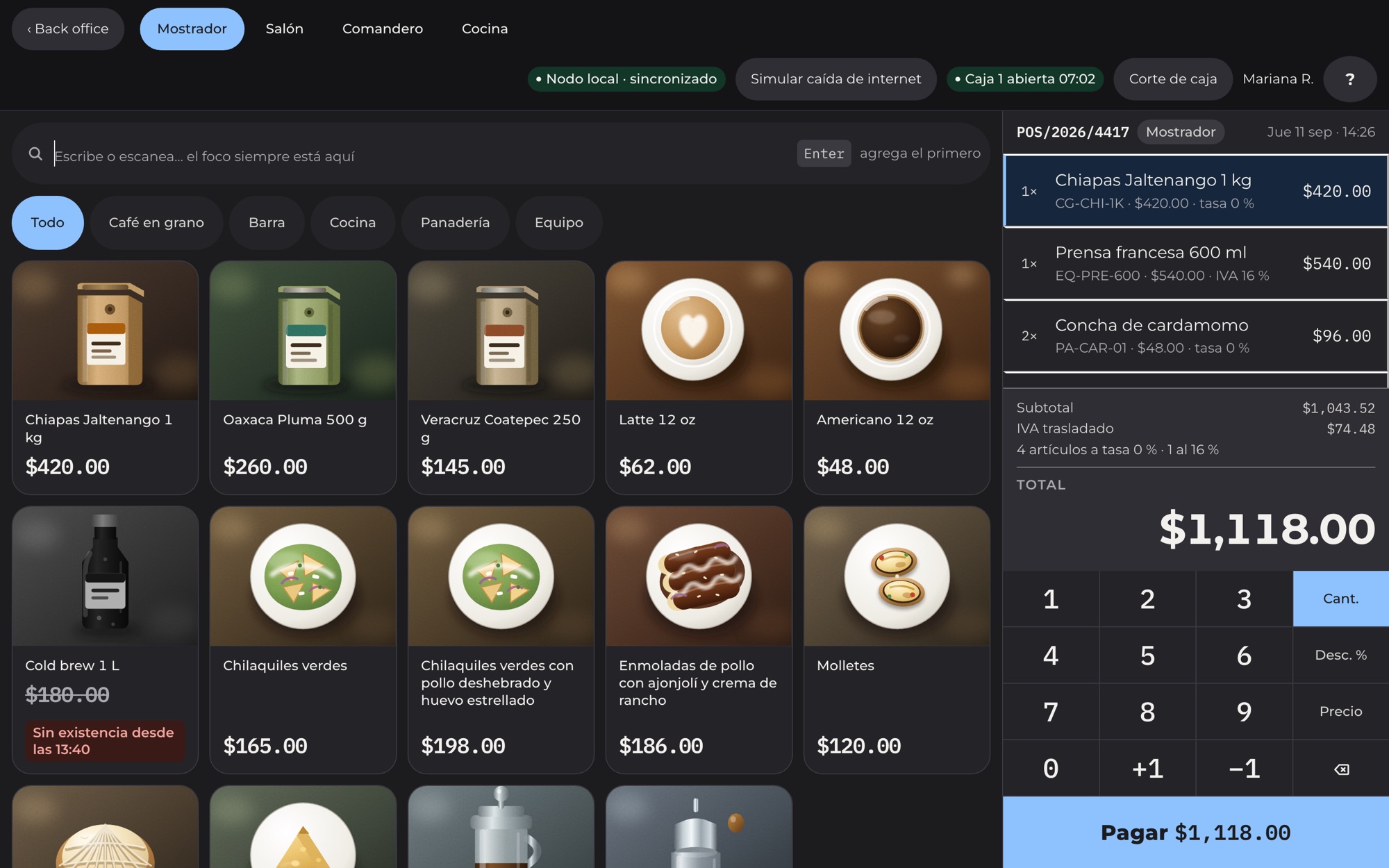 Caja de mostrador: buscador, categorías, productos con foto y la cuenta con total y botón Pagar.